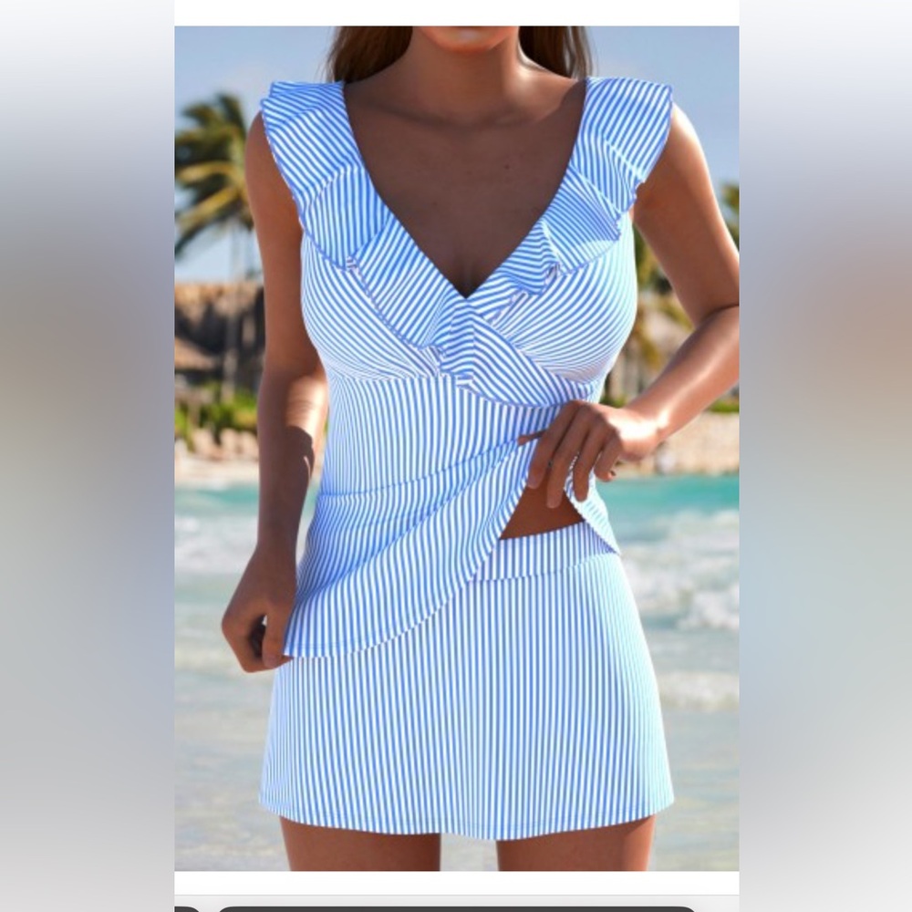 Modily Blue and White Striped tankini swimsuit with Bow Detail. NWTs